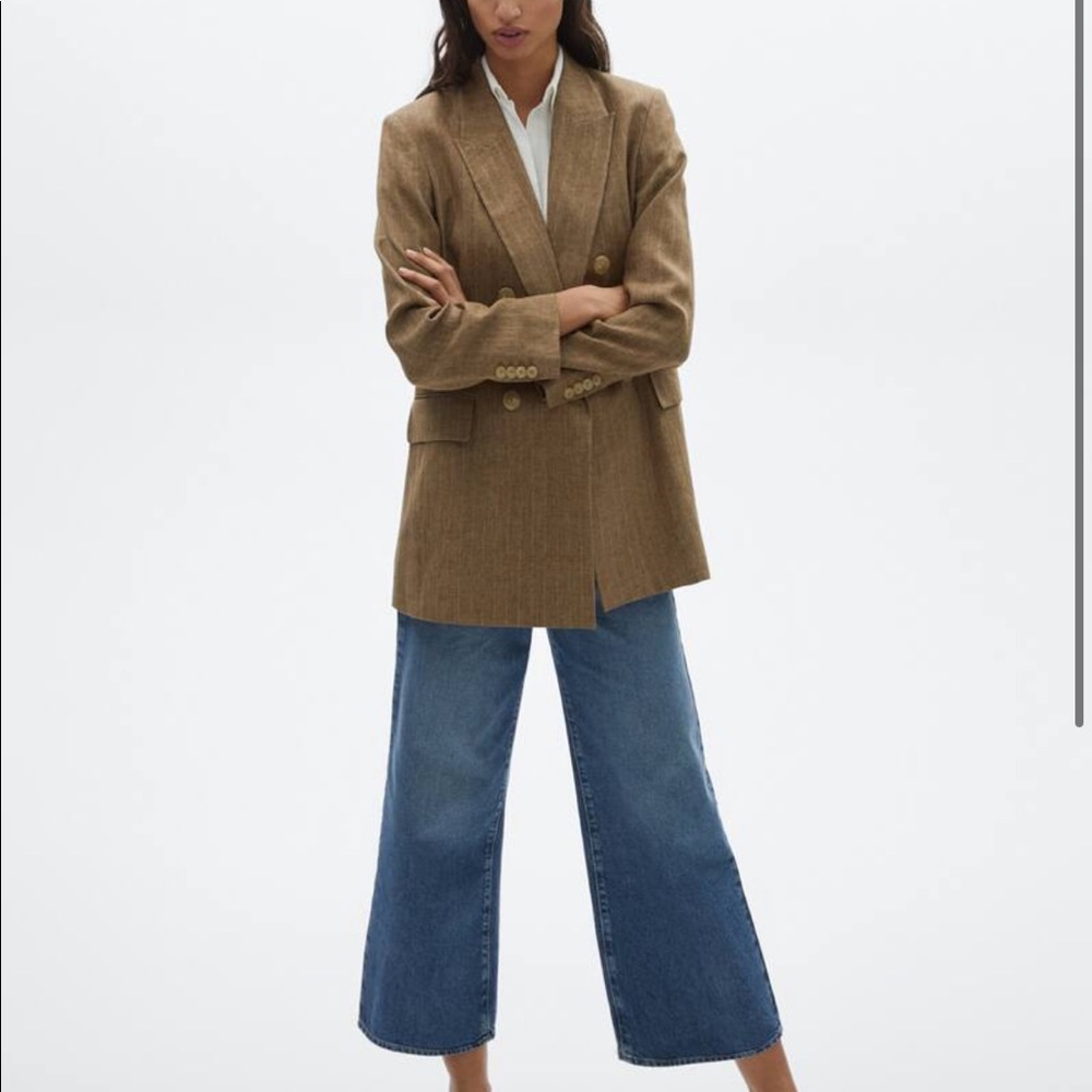Massimo Dutti Linen Blazer | Camel Brown Striped | Size 6 | Minimalist